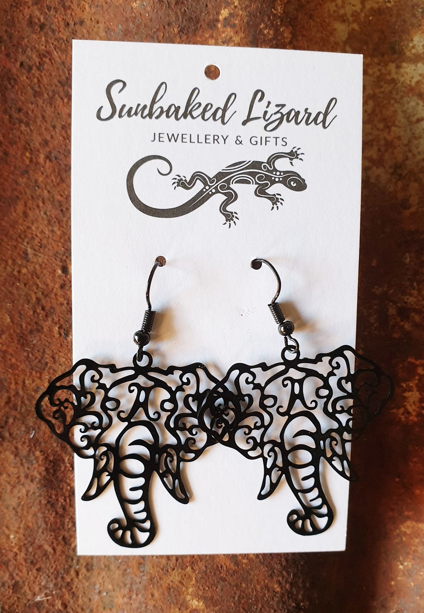 Large Black Filigree Elephant Drops