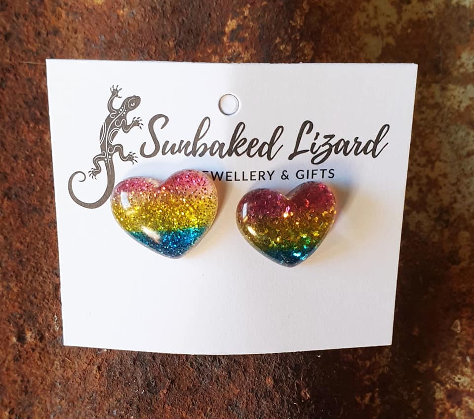 Rainbow Glitter Heart Studs